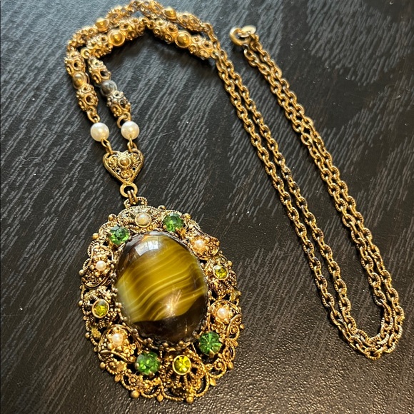 Vintage Mid Century West German Filigree Green Porphyry Slag Glass Necklace - Picture 2 of 12